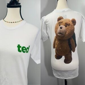 Ted TV Logo Unisex White Short Sleeves Round Neck Big Ted Picture On Back  S